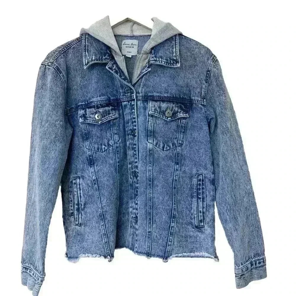 Love Tree Denim Jean Jacket Hoodie Button Medium Wash Womens Size Small